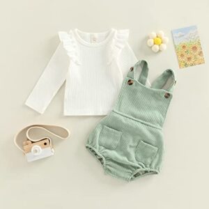 Mubineo Baby Girl Basic Plain Ruffle Long Sleeve T Shirt Corduroy Overalls Cute Clothes Outfits (White Green, 0-6 Months)