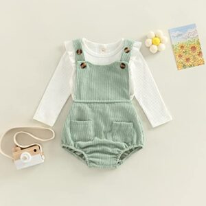 Mubineo Baby Girl Basic Plain Ruffle Long Sleeve T Shirt Corduroy Overalls Cute Clothes Outfits (White Green, 0-6 Months)