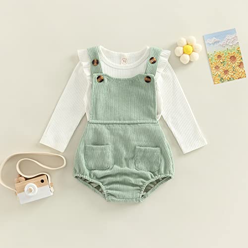 Mubineo Baby Girl Basic Plain Ruffle Long Sleeve T Shirt Corduroy Overalls Cute Clothes Outfits (White Green, 0-6 Months)