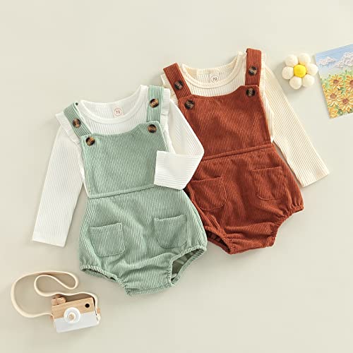 Mubineo Baby Girl Basic Plain Ruffle Long Sleeve T Shirt Corduroy Overalls Cute Clothes Outfits (White Green, 0-6 Months)