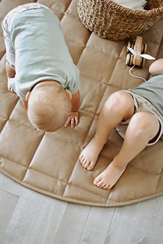 Uniklook Padded Quilted Leather Round 47" 120cm Play mat | Indoor Outdoor | Reversible Tan + Cream | Timmy Time Mat Crawling Play Time | Waterproof Baby Infant Floor Mat (Tan + Cloud)