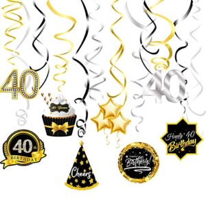 40 birthday decoration ceiling hanging swirls(16pcs) silver black and gold, happy 40th birthday foil swirl streamers, 40th birthday party supplies decorations photobooth backdrops