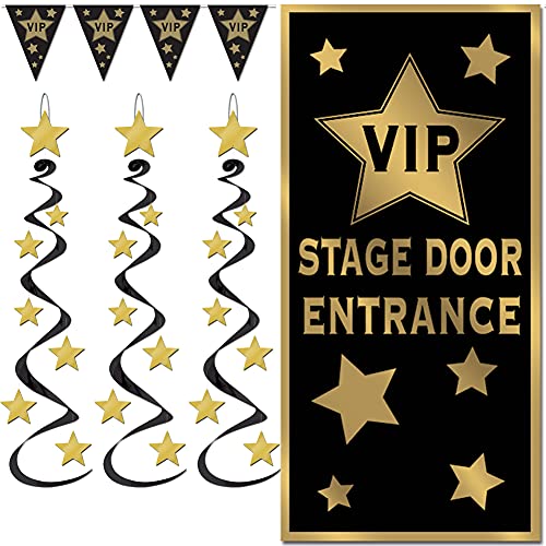 VIP Black & Gold Hollywood Red Carpet Awards Night Party Decorations for Birthday Retirement Graduation Door Cover Hanging Whirls Pennant Banner Bundle Pack Set Kit