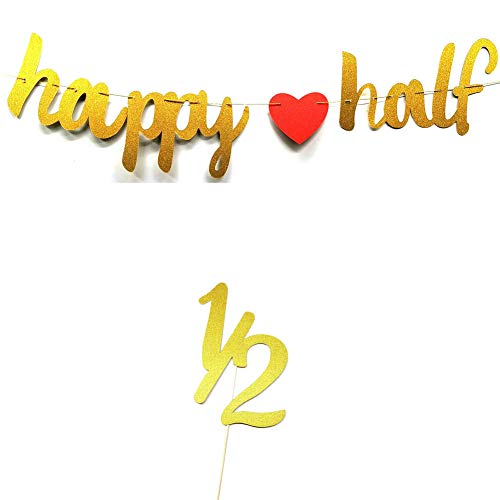 Happy Half Banner,Pre-Strung 1/2 Half Year Cake Topper Baby Boys/Girls' 6 Months/Half Year 1/2 Birthday, Birthday/Anniversary/Wedding Anniversary/Engagement Sign Photo Prop (Gold)