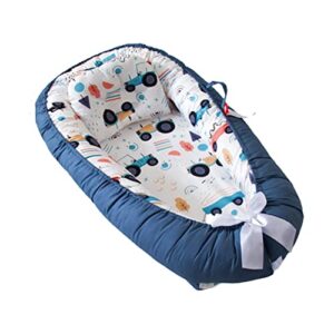 vohunt baby lounger for newborn,100% cotton co-sleeper for baby in bed with handles,soft newborn lounger adjustable size & strong zipper lengthen space to 3 tears oldblue-edged tractor)