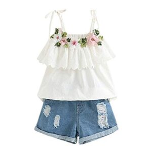 baby toddler girls summer shorts sets for 2-7 years old kids embroidery t-shirt and denim shorts outfits clothes (6-7 years old, white)