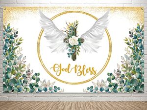 remagr god bless backdrop first communion baptism christening party decorations banner green leaves newborn baby shower photography background favors supplies photo booth, 71 x 43 in, one size