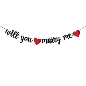will you marry me banner,black gliter garland with two red hearts for valentine’s day wedding marriage proposal engagement party decorations(black).