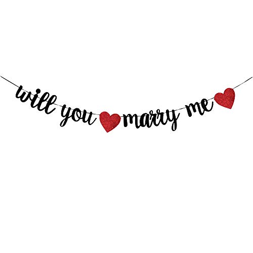 Will You Marry Me Banner,Black Gliter Garland with Two Red Hearts for Valentine's Day Wedding Marriage Proposal Engagement Party Decorations(Black).