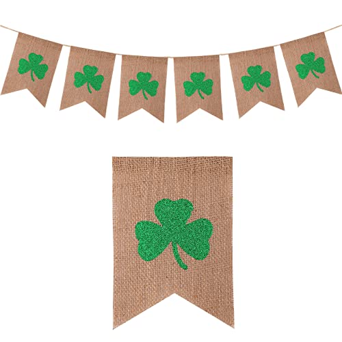 SAVITA St Patrick's Day Banner, Burlap Garland Banner Flag Green Shamrock Pull Flags Irish Glitter Clover Bunting Outdoor Hanging Decor Party Supplies