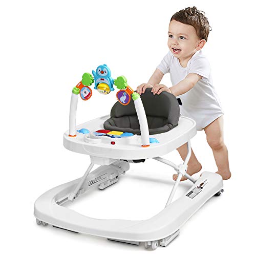 HONEY JOY Baby Walker, Foldable Push Learning Walker Toy-Seated & Walk-Behind with Wheels, Interactive Piano & Pedants, Adjustable Height & & Speed, Padded Seat, Baby Walkers for Boys Girls(Gray)