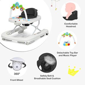 HONEY JOY Baby Walker, Foldable Push Learning Walker Toy-Seated & Walk-Behind with Wheels, Interactive Piano & Pedants, Adjustable Height & & Speed, Padded Seat, Baby Walkers for Boys Girls(Gray)