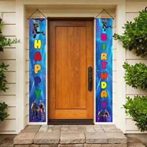 gaming happy birthday yard sign banners， birthday decorations backdrop for boys kids，gaming theme party hanging porch door wall decor