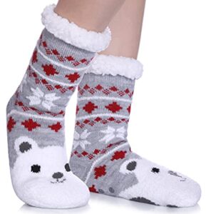 fnovco kids slipper socks boys girls fuzzy soft thick cozy warm fleece lined winter indoor christmas socks (8-12 years, polar bear)