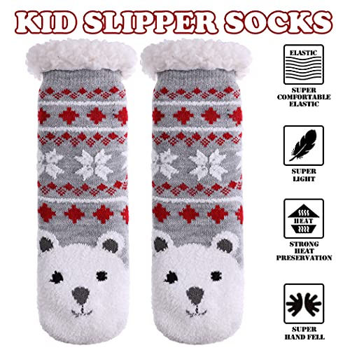 FNOVCO Kids Slipper Socks Boys Girls Fuzzy Soft Thick Cozy Warm Fleece lined Winter Indoor Christmas Socks (8-12 Years, Polar Bear)