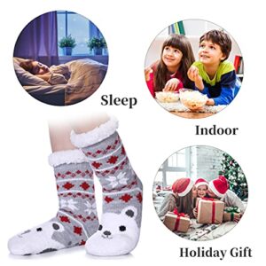 FNOVCO Kids Slipper Socks Boys Girls Fuzzy Soft Thick Cozy Warm Fleece lined Winter Indoor Christmas Socks (8-12 Years, Polar Bear)