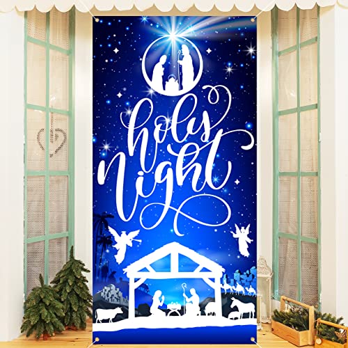 Christmas Door Cover Decoration Nativity Scene Outdoor Christmas Backdrop Holy Night Christmas Decor Religious Manger Scene Christmas Banner / Backdrop for Front Door Photo Booth Props