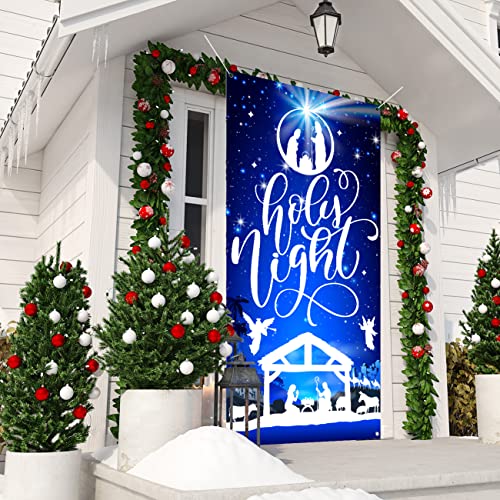 Christmas Door Cover Decoration Nativity Scene Outdoor Christmas Backdrop Holy Night Christmas Decor Religious Manger Scene Christmas Banner / Backdrop for Front Door Photo Booth Props