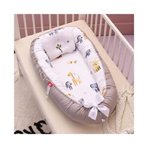 vohunt baby lounger for newborn,100% cotton co-sleeper for baby in bed with handles,soft newborn lounger adjustable size & strong zipper lengthen space to 3 tears old(grey-edged giraffe)