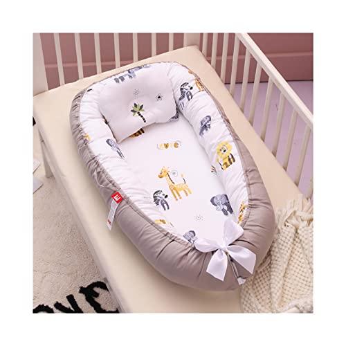 Vohunt Baby Lounger for Newborn,100% Cotton Co-Sleeper for Baby in Bed with Handles,Soft Newborn Lounger Adjustable Size & Strong Zipper Lengthen Space to 3 Tears Old(Grey-Edged Giraffe)