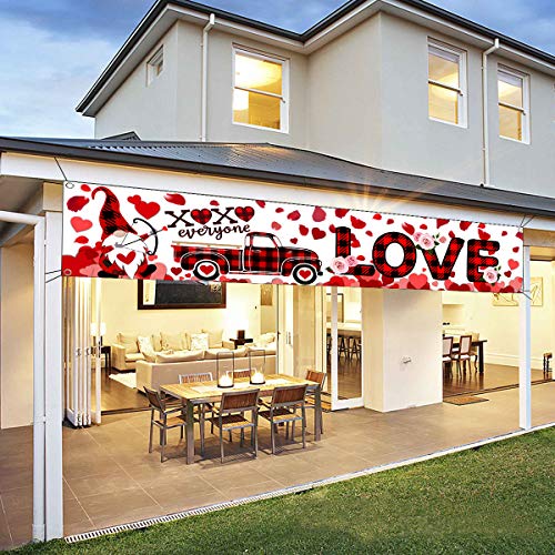 Valentine's Day Banner Yard Sign Red Buffalo Plaid Gnome Large Yard Sign Banner with XOXO Everyone Rose Heart for Valentine’s Day Outdoor and Indoor Decoration