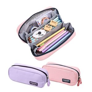 chris.w 2pcs pencil case large capacity canvas pencil pouch with 3 compartment pen bag pencil holder case student stationery organizer cases for teen boys girls school supplies (purple&pink)