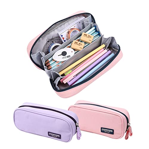 Chris.W 2Pcs Pencil Case Large Capacity Canvas Pencil Pouch with 3 Compartment Pen Bag Pencil Holder Case Student Stationery Organizer Cases for Teen Boys Girls School Supplies (Purple&Pink)