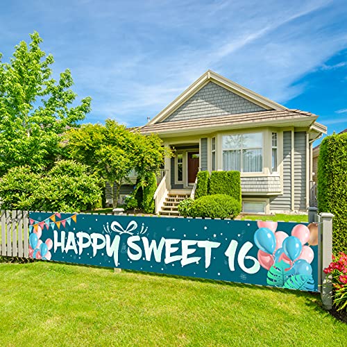 Vlipoeasn Sweet 16 Birthday Decorations for Girls 16th Birthday Banner, Teal Happy Sweet 16 Birthday Decorations, Happy 16th Birthday Yard Sign Sixteen Birthday Decor Photo Prop (9.8x1.6ft) (Teal)