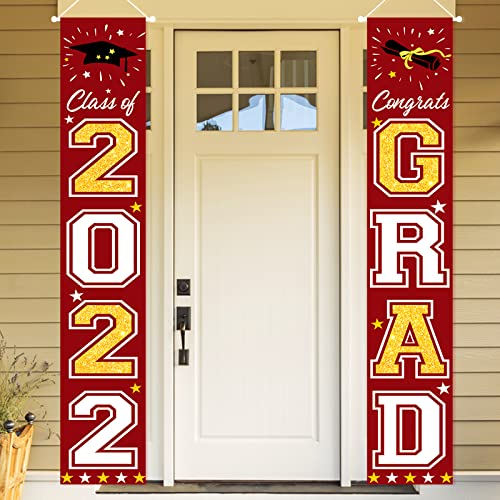 V-Opitos 2022 Graduation Banner Decorations, Class of 2022, Congrats Grad Porch Signs for Door Decor, Red & Gold, College, High School Graduations Party Decorations