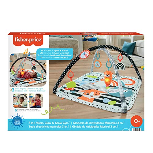 Fisher-Price 3-in-1 Music, Glow and Grow Gym, Infant Activity Play mat for Tummy time and take Along