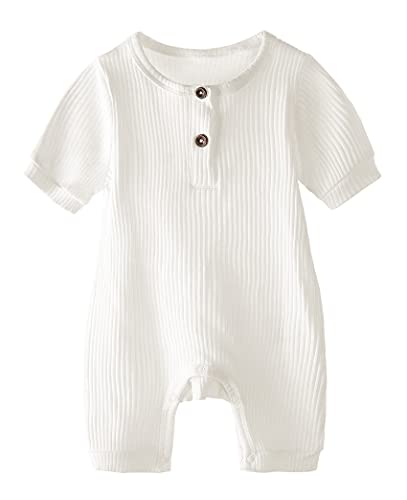 Uhnice Unisex Newborn Baby Girl Boy Clothes Summer Romper Button Bodysuit One-Piece Jumpsuit Outfits (White, 90/9-12 Months)