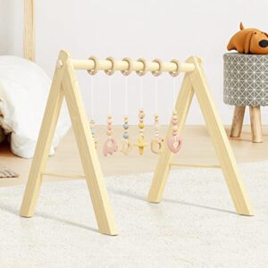 besfan wooden baby gym with 6 toys, foldable baby play gym frame activity center hanging bar newborn gift, wooden baby hanging toys for play & learn
