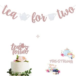 tea for two rose gold glitter banner sign garland with teapot teacups pre-strung & tea for two cake topper for 2nd second birthday tea party decorations