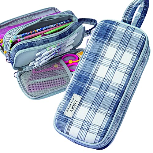 WAEPE Pencil Bag Aesthetic Pencil Case Large Capacity Multi-slot Pen Bag with Three Zipper Grid Mesh Fabric Zipper Pen Pouch for Office School Supplies for Teen Boys Girls Gift (Gray)