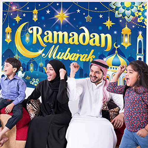 HOWAF Ramadan Mubarak Backdrop Banner Decorations, Eid Mubarak Background Banner for Muslim Ramadan Party Supplies, Ramadan Kareem Party Banner with Lanterns Moon Stars Castle Design