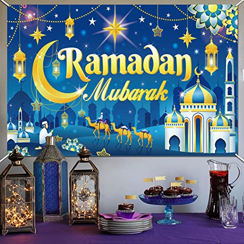 HOWAF Ramadan Mubarak Backdrop Banner Decorations, Eid Mubarak Background Banner for Muslim Ramadan Party Supplies, Ramadan Kareem Party Banner with Lanterns Moon Stars Castle Design