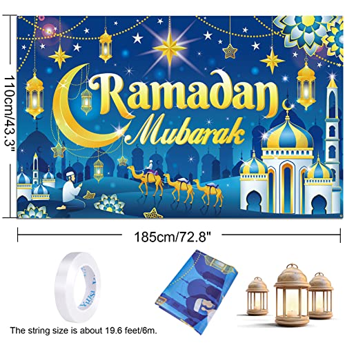 HOWAF Ramadan Mubarak Backdrop Banner Decorations, Eid Mubarak Background Banner for Muslim Ramadan Party Supplies, Ramadan Kareem Party Banner with Lanterns Moon Stars Castle Design