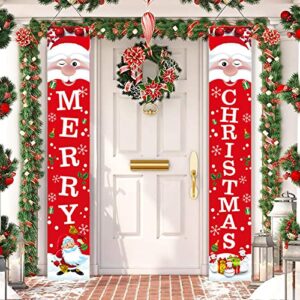 christmas decorations banners, merry christmas party decor, bright red xmas hanging banner for outdoor/indoor home front door, 100d fabric porch sign 72”x12”