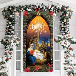 tatuo christmas decoration outdoor christmas religious door cover holy nativity front door hanging backdrop christmas photography background for winter xmas house church party supplies, 70 x 35 inch