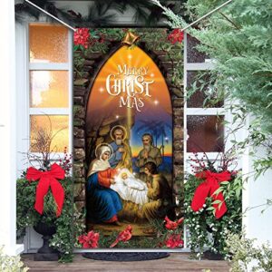 Tatuo Christmas Decoration Outdoor Christmas Religious Door Cover Holy Nativity Front Door Hanging Backdrop Christmas Photography Background for Winter Xmas House Church Party Supplies, 70 x 35 Inch