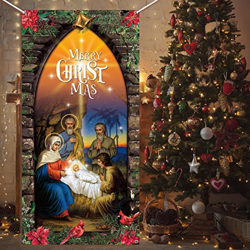 Tatuo Christmas Decoration Outdoor Christmas Religious Door Cover Holy Nativity Front Door Hanging Backdrop Christmas Photography Background for Winter Xmas House Church Party Supplies, 70 x 35 Inch