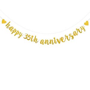 xiaoluoly gold glitter happy 35th anniversary banner,pre-strung,35th wedding anniversary party decorations bunting sign backdrops,happy 35th anniversary