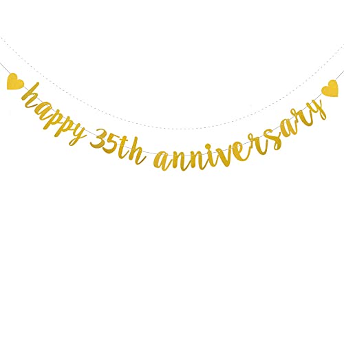 XIAOLUOLY Gold Glitter Happy 35th Anniversary Banner,Pre-Strung,35th Wedding Anniversary Party Decorations Bunting Sign Backdrops,Happy 35th Anniversary