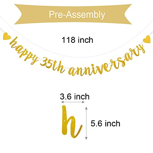 XIAOLUOLY Gold Glitter Happy 35th Anniversary Banner,Pre-Strung,35th Wedding Anniversary Party Decorations Bunting Sign Backdrops,Happy 35th Anniversary