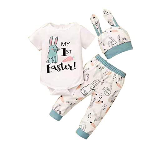 Gushehua 3Pcs Baby boy Easter Outfit Short Sleeve Bodysuit Romper Rabbit Pants Headband Bunny Ear Hat Summer Clothes (White +Blue, 12-18Months)