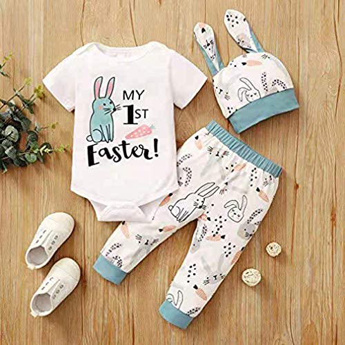 Gushehua 3Pcs Baby boy Easter Outfit Short Sleeve Bodysuit Romper Rabbit Pants Headband Bunny Ear Hat Summer Clothes (White +Blue, 12-18Months)