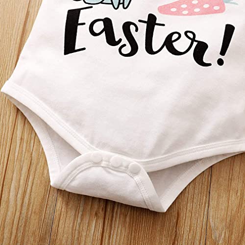 Gushehua 3Pcs Baby boy Easter Outfit Short Sleeve Bodysuit Romper Rabbit Pants Headband Bunny Ear Hat Summer Clothes (White +Blue, 12-18Months)