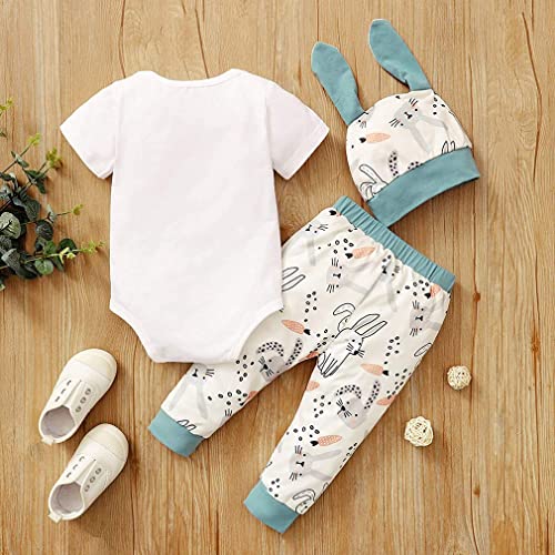 Gushehua 3Pcs Baby boy Easter Outfit Short Sleeve Bodysuit Romper Rabbit Pants Headband Bunny Ear Hat Summer Clothes (White +Blue, 12-18Months)