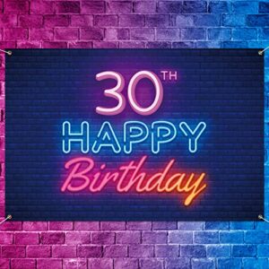 glow neon happy 30th birthday backdrop banner decor black – colorful glowing 30 years old birthday party theme decorations for men women supplies