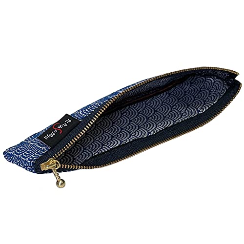 Sekikawa Japanese Pattern of Waves in Blue Ocean Pen Case Cosmetic Brush Case Samurai Ninja for Office, School Textile, Blue 9.1x11.4x0.8in (23×29×2cm)